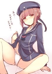 Rule 34 | 10s, 1girl, blush, brown eyes, brown hair, clothes lift, clothes writing, dress, dress lift, haruyuki (yukichasoba), hat, kantai collection, panties, personification, sailor collar, sailor hat, short hair, solo, sweatdrop, translated, underwear, white panties, z3 max schultz (kancolle)