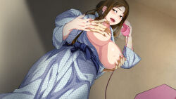 Rule 34 | 1girl, blush, boshi soukan game ~haha wo haramaseru made tanetsuke suru onsen ryokan~, breasts, breasts out, breath, brown eyes, brown hair, embarrassed, from below, grabbing, grabbing another&#039;s breast, grabbing from behind, hand up, highres, holding, holding phone, indoors, japanese clothes, kimono, large breasts, legs, long hair, nipple stimulation, nipple tweak, nipples, open mouth, original, phone, spices (artist), standing, talking on phone, thighs, yukata