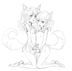 Rule 34 | 2girls, allison chan, animal ears, cat ears, china dress, chinese clothes, dress, greyscale, lineart, long hair, monochrome, multiple girls, original, tail, thighhighs