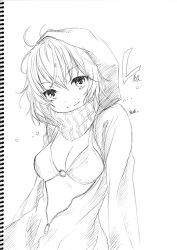 Rule 34 | 1girl, bikini, bikini top only, breasts, collarbone, hood, hood up, hoodie, kantai collection, long sleeves, looking at viewer, medium breasts, monochrome, o-ring, o-ring bikini, ozaki mirai, partially unzipped, re-class battleship, scarf, short hair, sketch, smile, standing, striped clothes, striped scarf, swimsuit, upper body