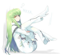 Rule 34 | 1girl, ass, boots, c.c., code geass, creayus, green hair, hard-translated, high heels, hugging own legs, legs, long hair, looking at viewer, shoes, sitting, solo, straitjacket, third-party edit, translated, yellow eyes