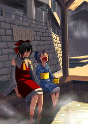 2girls alternate_costume ascot bare_shoulders black_hair blue_hair blush bow cirno detached_sleeves closed_eyes hair_bow hair_ornament hair_tubes hakurei_reimu hosimo japanese_clothes miko multiple_girls onsen open_mouth ponytail short_hair sign sitting soaking_feet steam touhou water