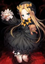 Rule 34 | 1girl, abigail williams (fate), black bow, black dress, black hat, blonde hair, blood, blood on hands, bloomers, blue eyes, blush, bow, bug, butterfly, closed mouth, commentary request, dress, fate/grand order, fate (series), fire, gijang, hair bow, hair intakes, hands in opposite sleeves, hat, hugging object, insect, long hair, long sleeves, looking at viewer, orange bow, outstretched arm, parted bangs, polka dot, polka dot bow, solo, standing, stuffed animal, stuffed toy, teddy bear, underwear, v-shaped eyebrows, very long hair, white bloomers