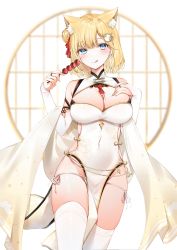 Rule 34 | 1girl, :q, absurdres, animal ear fluff, animal ears, bare shoulders, between breasts, blonde hair, blue eyes, blush, breasts, bridal gauntlets, cat ears, cleavage, closed mouth, commentary, covered navel, dress, food, hair bun, hair ornament, hand on own chest, highres, holding, holding food, hololive, hololive english, large breasts, looking at viewer, mole, mole on breast, necktie, necktie between breasts, panties, pelvic curtain, red necktie, short hair, side-tie panties, single hair bun, sleeveless, sleeveless dress, smile, solo, standing, thighhighs, thighs, tongue, tongue out, underwear, virtual youtuber, watson amelia, white panties, white thighhighs, yukineko1018