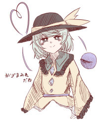 Rule 34 | 1girl, black hat, blouse, buttons, closed mouth, collared shirt, commentary request, diamond button, eyeball, frilled shirt collar, frilled sleeves, frills, green eyes, hat, hat ribbon, heart, heart of string, komeiji koishi, light green hair, long sleeves, looking at viewer, medium hair, nueshiro1815, ribbon, shirt, simple background, smile, solo, third eye, touhou, translation request, upper body, wavy hair, white background, wide sleeves, yellow ribbon, yellow shirt