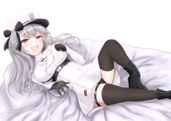 Rule 34 | 1girl, absurdres, azur lane, black panties, black thighhighs, blush, boots, breasts, gloves, hat, highres, jacket, large breasts, long hair, long sleeves, looking at viewer, open mouth, pamiat merkuria (azur lane), panties, red eyes, russian clothes, silver hair, smile, solo, thighhighs, underwear, white hat, white jacket, yukkurimikan