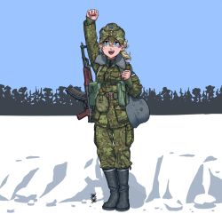 Rule 34 | 1girl, :d, akm, arm up, army, assault rifle, belt, black footwear, blonde hair, blue eyes, blush, boots, brown belt, clenched hand, collar, commentary, english commentary, estonian flag, flask, full body, fur-trimmed collar, fur trim, gun, hair between eyes, hat, helmet, highres, jacket, kalashnikov rifle, long sleeves, looking at viewer, medium hair, military, military hat, military uniform, open mouth, original, ostwindprojekt, pants, pocket, ponytail, pouch, rifle, simple background, smile, solo, standing, uniform, weapon