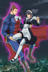 Rule 34 | 1boy, 1girl, abs, alternate costume, bad id, bad pixiv id, blush, capcom, capcom fighting jam, cape, carrying, company connection, demitri maximoff, enmaided, gender request, genderswap, akuma (street fighter), highres, maid, maid headdress, midnight bliss, muscular, ponytail, red eyes, street fighter, thighhighs, vampire (game), zettai ryouiki