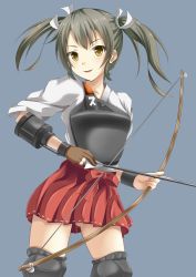 Rule 34 | 10s, 1girl, arrow (projectile), bow (weapon), fuku d, gloves, hair ribbon, japanese clothes, kantai collection, long hair, looking at viewer, muneate, personification, ribbon, simple background, single glove, skirt, smile, solo, twintails, weapon, yellow eyes, zuikaku (kancolle)