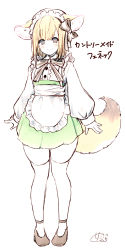 Rule 34 | 1girl, animal ear fluff, animal ears, apron, blush, bow, brown eyes, brown footwear, brown hair, center opening, chita (ketchup), closed mouth, commentary request, fox ears, fox girl, fox tail, frilled apron, frills, full body, green skirt, hair bow, highres, long sleeves, original, pigeon-toed, puffy long sleeves, puffy sleeves, shirt, shoes, signature, simple background, skindentation, skirt, sleeves past wrists, smile, solo, standing, striped, striped bow, tail, thighhighs, translation request, waist apron, white apron, white background, white shirt, white thighhighs