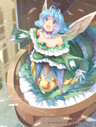 Rule 34 | 1girl, absurdres, ahoge, bare shoulders, blue eyes, blue hair, blush, company name, dress, feathered wings, full body, gloves, gyakushuu no fantasica, highres, kokka han, official art, open mouth, solo, wings