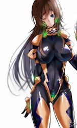 Rule 34 | 1girl, black bodysuit, blue eyes, bodysuit, breasts, breasts apart, brown hair, covered erect nipples, cowboy shot, floating hair, head tilt, highres, large breasts, long hair, muv-luv, muv-luv alternative, one eye closed, pilot suit, shiny clothes, simple background, solo, standing, takamura yui, very long hair, white background, yae chitokiya