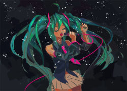 Rule 34 | 1girl, aqua hair, dated, closed eyes, flyleaf, hatsune miku, long hair, microphone, music, necktie, signature, singing, solo, vocaloid