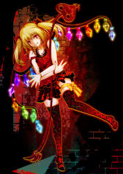 Rule 34 | 1girl, alternate costume, alternate hairstyle, armband, bat wings, blonde hair, camisole, crossed arms, crystal, fangs, flandre scarlet, full body, glowing, gradient clothes, hair ribbon, jewelry, laevatein, long hair, looking at viewer, necklace, no headwear, no headwear, off shoulder, red eyes, red theme, ribbon, skirt, smile, solo, strap slip, thighhighs, touhou, twintails, wakashinoda kei, wings, zettai ryouiki