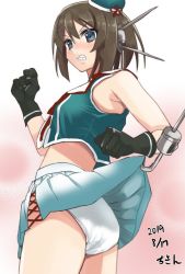 Rule 34 | 1girl, ass, beret, black gloves, blue eyes, brown hair, chicken (chickenx), clenched teeth, commentary request, dated, from below, gloves, gradient skirt, hair ornament, hairclip, hat, hat ribbon, headgear, hook, kantai collection, maya (kancolle), maya kai ni (kancolle), midriff, one-hour drawing challenge, panties, pink background, pleated skirt, red ribbon, ribbon, school uniform, serafuku, short hair, skirt, sleeveless, solo, teeth, twitter username, underwear, white panties, x hair ornament
