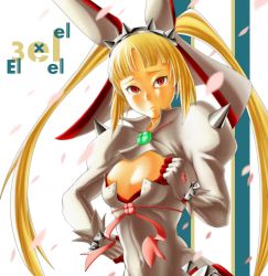 Rule 34 | 1girl, blazblue, blonde hair, blunt bangs, blush, bracelet, breasts, cleavage, cleavage cutout, clothing cutout, company connection, cosplay, elphelt valentine, elphelt valentine (cosplay), gloves, guilty gear, guilty gear xrd, hairband, highres, himiz, jewelry, long hair, petals, rachel alucard, red eyes, solo, spiked bracelet, spikes, twintails, very long hair