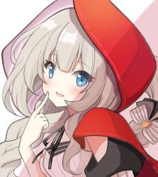 Rule 34 | 1girl, :d, black ribbon, blue eyes, blush, bow, braid, cape, fate/grand order, fate (series), flower in eye, grey hair, hair bow, hand up, highres, hood, hood up, hooded cape, long hair, looking at viewer, marie antoinette (fate), motoi ayumu, neck ribbon, official alternate costume, open mouth, red cape, ribbon, shirt, single braid, smile, solo, striped, striped bow, symbol in eye, upper body, very long hair, white bow, white shirt