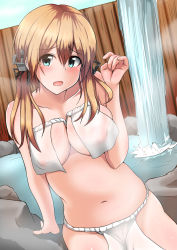 Rule 34 | 10s, 1girl, absurdres, anchor hair ornament, blonde hair, blue eyes, blush, breasts, cleavage, covered erect nipples, fundoshi, hair ornament, highres, indoors, kantai collection, large breasts, loincloth, long hair, looking at viewer, navel, onsen, open mouth, prinz eugen (kancolle), sitting, solo, steam, upper body, varios, water