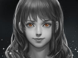 Rule 34 | 1girl, black background, eyelashes, greyscale, kdash, lens flare, light particles, lips, long hair, looking at viewer, monochrome, nami (one piece), one piece, orange eyes, portrait, realistic, smile, solo, sparkle, spot color