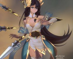 Rule 34 | 1girl, bare shoulders, blue eyes, braid, breasts, cleavage, commentary, cowboy shot, dated, detached sleeves, divine sword irelia, earrings, floating, floating object, floating sword, floating weapon, highres, iceroy, irelia, jewelry, league of legends, long hair, russian commentary, side braid, solo, sword, thighhighs, twin braids, very long hair, weapon, white thighhighs