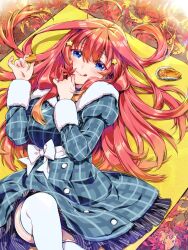 Rule 34 | 1girl, ahoge, autumn leaves, beach towel, blue coat, blue eyes, blush, closed mouth, coat, cookie, food, from above, fur-trimmed coat, fur trim, go-toubun no hanayome, hair ornament, hands up, highres, holding, holding food, holding leaf, leaf, looking at viewer, lying, nakano itsuki, on back, outdoors, plaid, plaid coat, red hair, solo, star (symbol), star hair ornament, thighhighs, tongue, tongue out, towel, white thighhighs, yu (flowerbird3830)