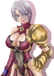 Rule 34 | 1041 (toshikazu), 1girl, blue eyes, breasts, cleavage, hand on own hip, isabella valentine, purple hair, short hair, smile, solo, soul calibur, soulcalibur ii, very short hair