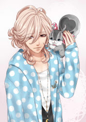 Rule 34 | 10s, 1boy, asahina louis, bad id, bad pixiv id, bishounen, blonde hair, brothers conflict, gradient background, hair over one eye, hood, hoodie, jewelry, juli (brothers conflict), long hair, male focus, necklace, smile, solo, squirrel, upper body, white background, yellow eyes