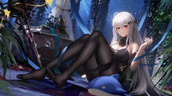 Rule 34 | 1girl, arknights, ascot, black ascot, black pantyhose, black shirt, blush, breasts, cleavage, commentary request, grey hair, hair between eyes, hair ornament, hand up, large breasts, ling dianxia, long hair, looking at viewer, pantyhose, red eyes, shirt, skadi (arknights), smile, solo, stuffed orca, sword, underwater, very long hair, weapon