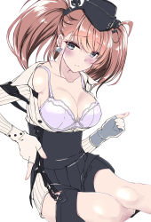 Rule 34 | 1girl, anchor hair ornament, atlanta (kancolle), bed, black hat, black skirt, blush, bra, breasts, brown hair, buttons, cleavage, closed mouth, collarbone, dress shirt, earrings, embarrassed, feet out of frame, female focus, fingernails, frilled bra, frills, garrison cap, garter straps, gloves, grey eyes, hair ornament, hand on own hip, hat, head tilt, high-waist skirt, highres, jewelry, kantai collection, kobayashi chisato, large breasts, long hair, long sleeves, looking at viewer, open clothes, partially fingerless gloves, pillow, shiny skin, shirt, simple background, sitting, skirt, solo, star (symbol), star earrings, suspender skirt, suspenders, thigh strap, two side up, underwear, unfinished, white background, white bra, white gloves, white shirt, yokozuwari