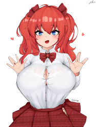 Rule 34 | 1girl, blue eyes, blush, bra, breasts, bursting breasts, cleavage, fang, highres, kirim, kirim (kihun4070), large breasts, last origin, long hair, looking at viewer, may of doom, mole, mole on breast, open mouth, red hair, see-through, shirt, skirt, smile, solo, tongue, twintails, underwear