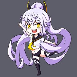Rule 34 | 1girl, :d, absurdly long hair, arm up, azur lane, black footwear, black sailor collar, blush, boots, chibi, full body, grey background, hair between eyes, hair ornament, high ponytail, leg up, light purple hair, long hair, looking at viewer, micro shorts, midriff, navel, neckerchief, open mouth, palasta, ponytail, sailor collar, sailor shirt, shirt, short sleeves, shorts, sidelocks, simple background, purifier (azur lane), smile, solo, standing, standing on one leg, teeth, thigh boots, thighhighs, upper teeth only, very long hair, white shirt, yellow eyes, yellow neckerchief