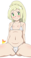 Rule 34 | 1girl, alternate costume, bikini, blonde hair, blush, braid, breasts, cameltoe, cleft of venus, closed mouth, collarbone, commentary request, covered erect nipples, creatures (company), eyelashes, game freak, green eyes, highres, lillie (pokemon), long hair, metaminegl, micro bikini, navel, nintendo, pokemon, pokemon sm, ponytail, ponytail with braided base, raised eyebrows, shiny skin, simple background, small breasts, solo, spanish commentary, spread legs, swimsuit, watermark, white background, white bikini