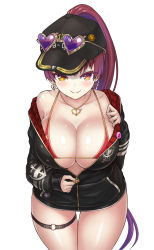 Rule 34 | 1girl, bare shoulders, bikini, bikini under clothes, black jacket, breasts, cleavage, closed mouth, collarbone, cowboy shot, earrings, eyewear on head, eyewear on headwear, halterneck, heart, heart-shaped eyewear, heart earrings, heart necklace, heterochromia, high ponytail, highres, hololive, houshou marine, houshou marine (summer), jacket, jewelry, large breasts, long hair, looking at viewer, necklace, o-ring, o-ring legwear, o-ring thigh strap, off shoulder, partially unzipped, ponytail, poorgom, red bikini, red eyes, red hair, smile, solo, string bikini, sunglasses, swimsuit, thigh strap, unzipping, very long hair, virtual youtuber, yellow eyes