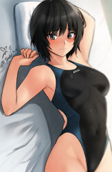 Rule 34 | 1girl, absurdres, amagami, black hair, black one-piece swimsuit, breasts, brown eyes, competition swimsuit, cowboy shot, highleg, highleg swimsuit, highres, looking at viewer, lying, medium breasts, nanasaki ai, one-piece swimsuit, pillow, short hair, signature, solo, swimsuit, twitter username, two-tone swimsuit, yoo tenchi