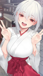 Rule 34 | 1girl, breasts, commentary request, double v, fanbox username, fingernails, hair between eyes, hakama, highres, japanese clothes, jjune, large breasts, looking at viewer, miko, open mouth, original, patreon username, red eyes, red hakama, round teeth, short hair, smile, solo, teeth, upper teeth only, v, white hair