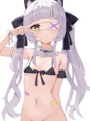 Rule 34 | 1girl, animal ear fluff, animal ears, bikini, black bikini, black ribbon, blue nails, blush, bottomless, breasts, cat ears, cleavage, detached collar, detached sleeves, eyepatch, hair ribbon, highres, hololive, long hair, looking at viewer, murasaki shion, nail polish, out-of-frame censoring, ribbon, short hair, silver hair, simple background, small breasts, solo, swimsuit, twintails, upper body, v, v over eye, very long hair, virtual youtuber, white background, yellow eyes, zhiyou ruozhe