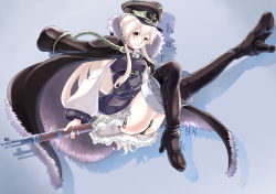 Rule 34 | 1girl, black choker, black coat, black dress, black footwear, black hat, black panties, black skirt, blush, bolt action, boots, character name, choker, closed mouth, coat, commentary request, cross, cross choker, dress, fur trim, girls&#039; frontline, grey background, gun, hat, high heel boots, high heels, highres, holding, holding gun, holding weapon, ikeshiki-chuujou, insignia, invisible chair, iron cross, jacket, jacket on shoulders, kar98k (girls&#039; frontline), lace, lace-trimmed panties, lace trim, leg up, light blush, lips, long hair, long sleeves, looking at viewer, mauser 98, panties, pantyshot, peaked cap, petticoat, red eyes, rifle, short dress, side-tie panties, sitting, skirt, smile, solo, standing, thigh boots, thighhighs, underwear, very long hair, weapon, white hair