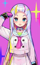 Rule 34 | :3, blue collar, bow, bowtie, collar, dress, gloves, highres, light blush, multicolored hair, onono imoko, original, pink bow, pink bowtie, pink gloves, sailor dress, smile, white hair