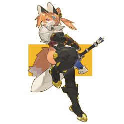 Rule 34 | 1girl, animal ears, animal nose, arm guards, black collar, black footwear, black gloves, black leotard, black thighhighs, boots, breasts, cleavage, collar, collared jacket, commentary, covered navel, cropped jacket, elbow gloves, fangs, fingerless gloves, fox ears, fox girl, fox tail, full body, furry, furry female, gloves, greatsword, hair bun, high collar, highres, holding, holding sword, holding weapon, jacket, knee boots, leg up, leotard, looking to the side, medium hair, open clothes, open jacket, open mouth, orange hair, original, pink eyes, rainggrade, single hair bun, solo, standing, standing on one leg, swept bangs, sword, symbol-only commentary, tail, thighhighs, weapon, white jacket