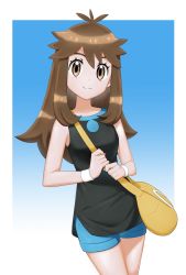 Rule 34 | 1girl, bag, black shirt, blue background, blue shorts, border, brown eyes, brown hair, closed mouth, commentary request, creatures (company), eyelashes, game freak, gradient background, green (pokemon), hair flaps, highres, holding strap, ia (ilwmael9), long hair, looking at viewer, messenger bag, nintendo, pokemon, pokemon lgpe, shirt, shorts, shoulder bag, sidelocks, sleeveless, sleeveless shirt, smile, solo, split mouth, white border, white wristband, wristband, yellow bag