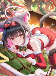 1girl absurdres all_fours alternate_costume animal_ears black_hair blue_archive breasts cat_ears cat_girl cat_tail christmas christmas_tree cleavage colored_inner_hair commentary detached_sleeves eric_(tianqijiang) extra_ears hairband halo highres kazusa_(blue_archive) looking_at_viewer medium_breasts multicolored_hair open_mouth pink_hair red_eyes red_hairband red_skirt red_sleeves red_thighhighs short_hair signature skirt solo tail thighhighs two-tone_hair white_halo