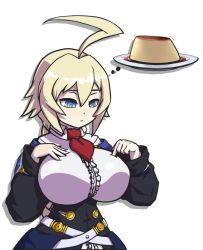 Rule 34 | 1girl, ahoge, asura senki, belt, blazblue, blue eyes, braid, breasts, commentary, deep skin, english commentary, es (xblaze), expressionless, food, highres, huge ahoge, huge breasts, impossible clothes, multiple belts, narrow waist, necktie, pudding, red necktie, ringed eyes, single braid, solo, thought bubble, underbust, xblaze, xblaze code: embryo