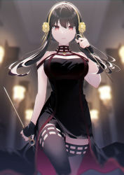 Rule 34 | 1girl, bare shoulders, black dress, black hair, breasts, dagger, dress, earrings, flower, gold earrings, gold hairband, hair flower, hair ornament, hairband, hakuishi aoi, highres, holding, holding dagger, holding knife, holding weapon, jewelry, knife, large breasts, long hair, rose, solo, spy x family, two-sided dress, two-sided fabric, weapon, yor briar