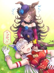Rule 34 | 2girls, arm up, belt pouch, blank eyes, blue flower, blue rose, blunt bangs, bow, breasts, brown hair, brown headwear, bug, butterfly, commentary request, day, dress, drooling, flower, gloves, gold ship (umamusume), grass, hair over one eye, half-closed eyes, hand on another&#039;s head, hand on another&#039;s shoulder, hand on own stomach, hat, hat flower, highres, horse girl, insect, lap pillow, long hair, long sleeves, looking at another, medium breasts, mob cap, mouth drool, multiple girls, nose bubble, o o, off-shoulder dress, off shoulder, open mouth, pantyhose, pouch, purple dress, purple headwear, red bow, red sleeves, rice shower (umamusume), rose, silver hair, small breasts, suga masashi, translation request, umamusume, white gloves, white legwear, yellow butterfly