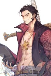 Rule 34 | 1boy, black hair, cross, cross necklace, cross pendant, dracule mihawk, facial hair, hair slicked back, hat, highres, holding, jewelry, jyukawa, looking at viewer, male focus, mustache, necklace, one piece, open clothes, yellow eyes