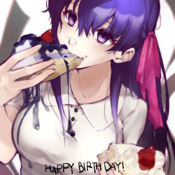 Rule 34 | 1girl, bad id, bad pixiv id, blueberry, breasts, cake, cake slice, collared shirt, commentary request, eating, fate/stay night, fate (series), food, food on clothes, food on face, fruit, hair between eyes, hair ribbon, happy birthday, head tilt, highres, holding, holding food, long hair, looking at viewer, matou sakura, messy, official alternate costume, pink ribbon, polo shirt, purple eyes, purple hair, ribbon, shirt, short sleeves, solo, stain, strawberry, upper body, utayoi (umakatare), white shirt
