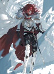 Rule 34 | 1boy, armor, black gloves, bow (weapon), cape, closed eyes, elbow gloves, failnaught (fate), fate/grand order, fate (series), floating hair, fur-trimmed cape, fur trim, gloves, hair between eyes, harp, highres, holding, holding bow (weapon), holding weapon, instrument, knights of the round table (fate), long hair, male focus, red hair, sheath, sheathed, solo, sword, thread, tristan (fate), uda (xax 057), weapon, white armor, white cape