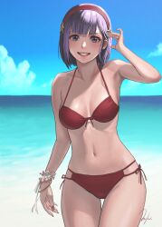 Rule 34 | 1girl, arm up, armpits, artist name, asamiya athena, beach, bikini, bow, breasts, cleavage, grin, hair bow, highres, large breasts, legs, looking at viewer, mikado2926, navel, ocean, pink lips, purple eyes, purple hair, red bikini, short hair, smile, snk, solo, swimsuit, the king of fighters, thighs, water