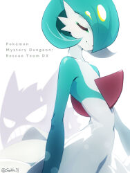 Rule 34 | 1girl, arms at sides, artist name, blurry, bob cut, bokeh, closed eyes, closed mouth, collarbone, colored skin, copyright name, cowboy shot, creatures (company), depth of field, english text, female focus, flat chest, game freak, gardevoir, gen 1 pokemon, gen 3 pokemon, gengar, green hair, green skin, hair over one eye, happy, highres, looking at another, multicolored skin, nervous, nintendo, one eye covered, pokemon, pokemon (creature), pokemon mystery dungeon, pokemon mystery dungeon: rescue team dx, short hair, signature, smile, solo focus, split mouth, standing, suahh, sweatdrop, teeth, twitter username, two-tone skin, u u, white background, white skin