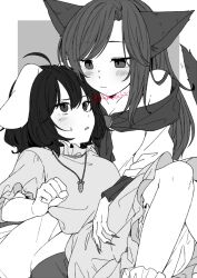 Rule 34 | 2girls, animal ears, bare shoulders, brooch, carrot necklace, dress, greyscale, imaizumi kagerou, inaba tewi, jewelry, monochrome, multiple girls, necklace, rabbit ears, rabbit girl, tagme, tail, touhou, unkmochi, wolf ears, wolf girl, wolf tail